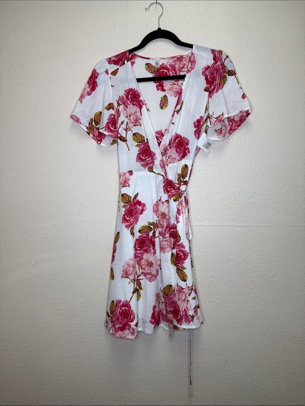 White Floral Wrap Mini Dress with Pink Rose Print